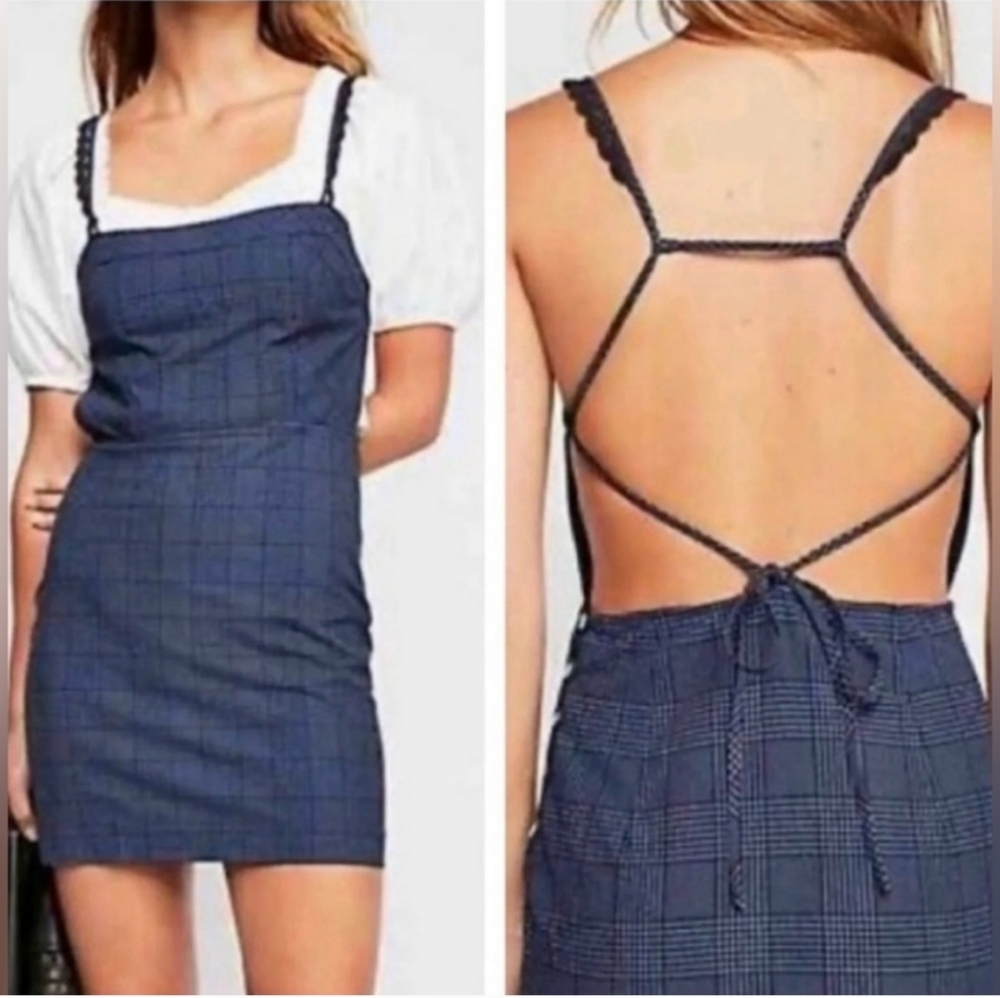 Free People Intimately Blue Plaid Apron Mini Dress Women's Size Small S